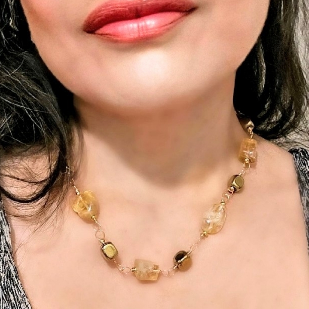 Naturally Formed Citrine In Chunky Rosary W/ Hematite In Rosary Style Necklace